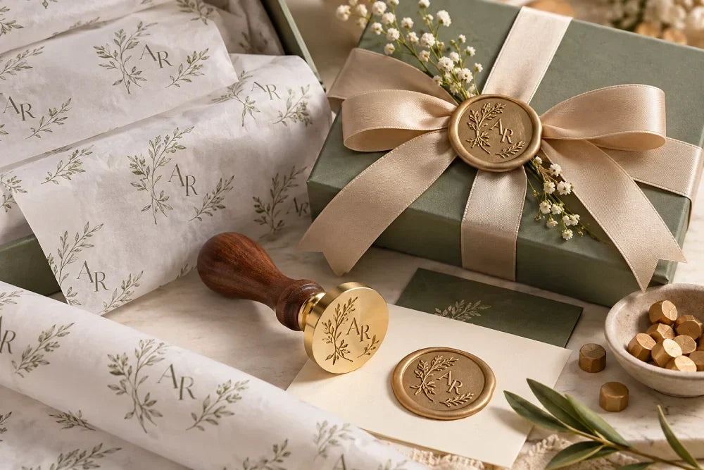 Image of Custom wax seal stamps used with branded gift boxes, ribbon and custom tissue paper packaging