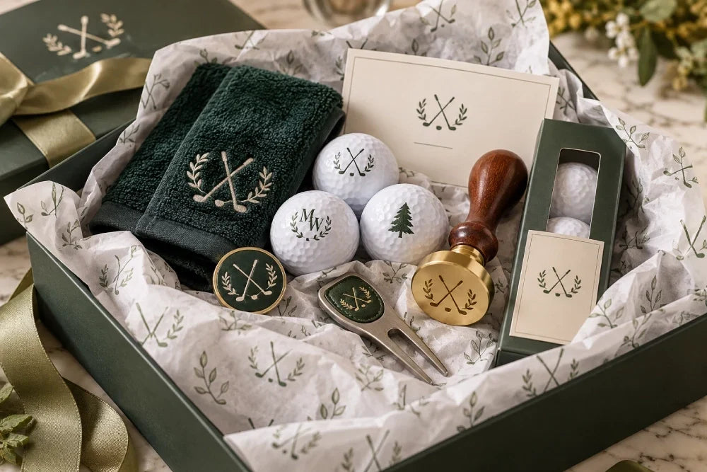 Image of Premium golf gifts arranged in a gift box with custom tissue paper, golf balls, a personalized stamp and golf accessories