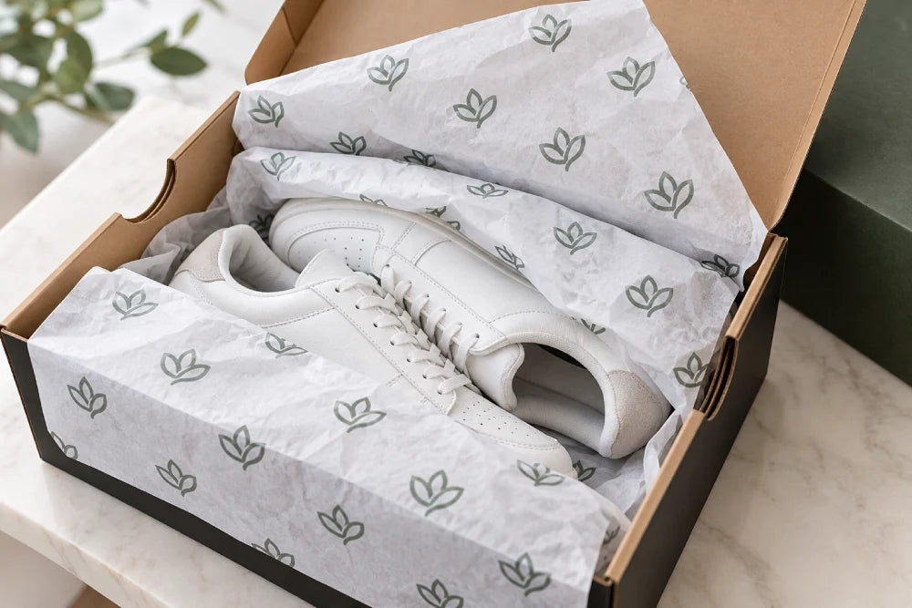 Image of Custom shoe box tissue paper wrapped around white sneakers inside a branded shoe box