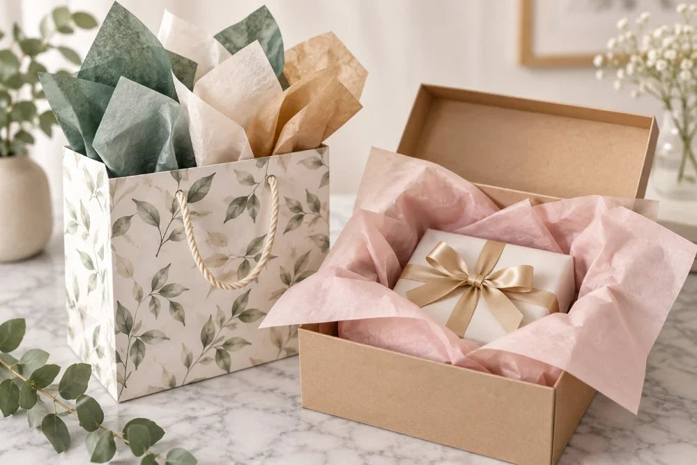 Image of Gift packaging tissue paper styled in gift bags and boxes