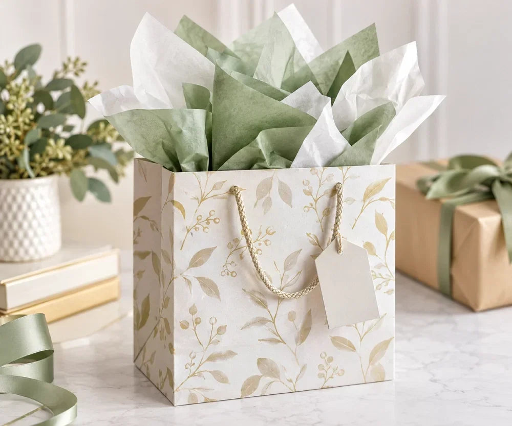 Image of Gift bag with neatly arranged tissue paper rising above the top