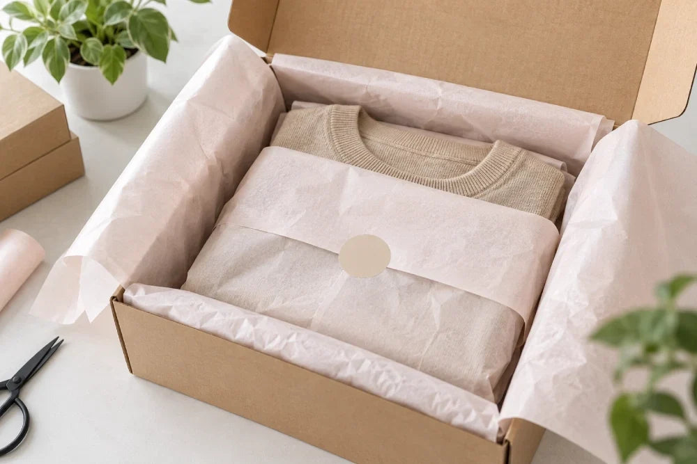 Image of Products wrapped and lined with tissue paper inside an ecommerce packaging box