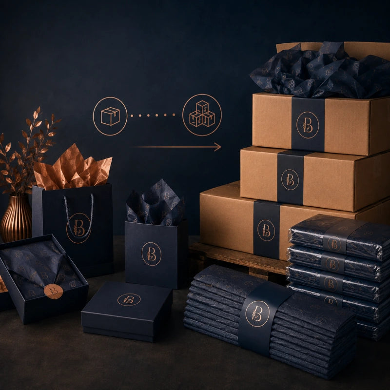 Image of Custom tissue paper shown in smaller retail packages and larger bundled quantities, suitable for growing businesses, storage needs, and bulk packaging orders.