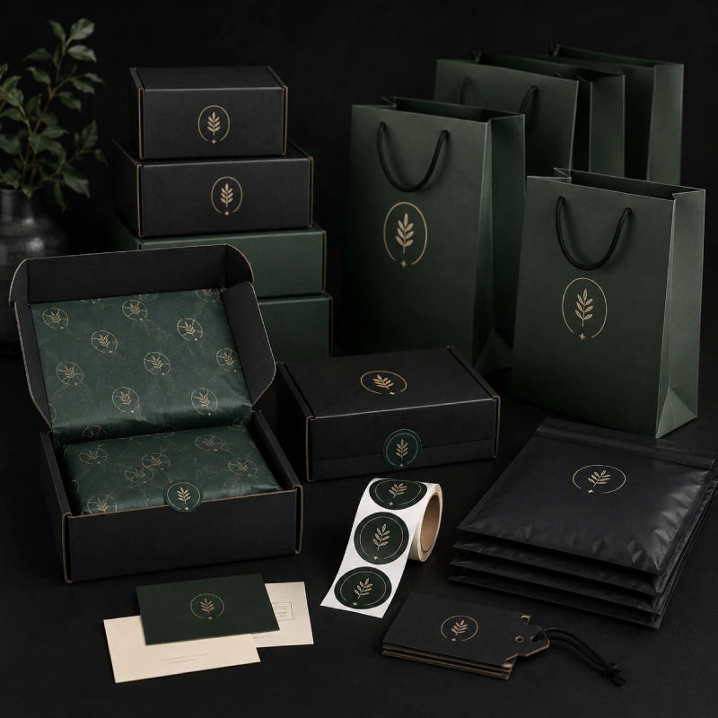 Image of Matching dark green tissue paper, boxes, shopping bags, mailers, labels, and cards demonstrating consistent branding across simple repeat orders.