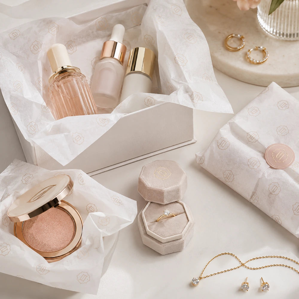 Image of Custom printed tissue paper used to package skincare, cosmetics, rings, earrings, and jewelry in an elegant neutral presentation.