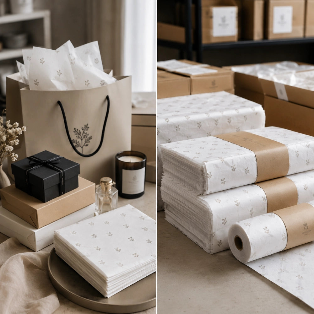 Image of Custom tissue paper shown in boutique packaging and larger bundled quantities for small businesses, product launches, retail orders, and wholesale use.