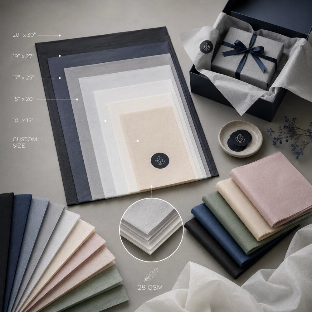 Image of Custom tissue paper displayed in multiple sheet sizes and colors with a close-up of the 28 GSM paper texture and flexible gift-wrapping use.