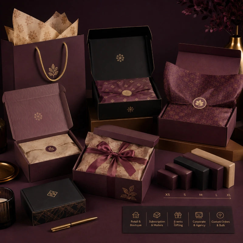Image of Premium plum and gold packaging in multiple box sizes for retailers, agencies, events, subscription brands, corporate gifting, and custom bulk orders.