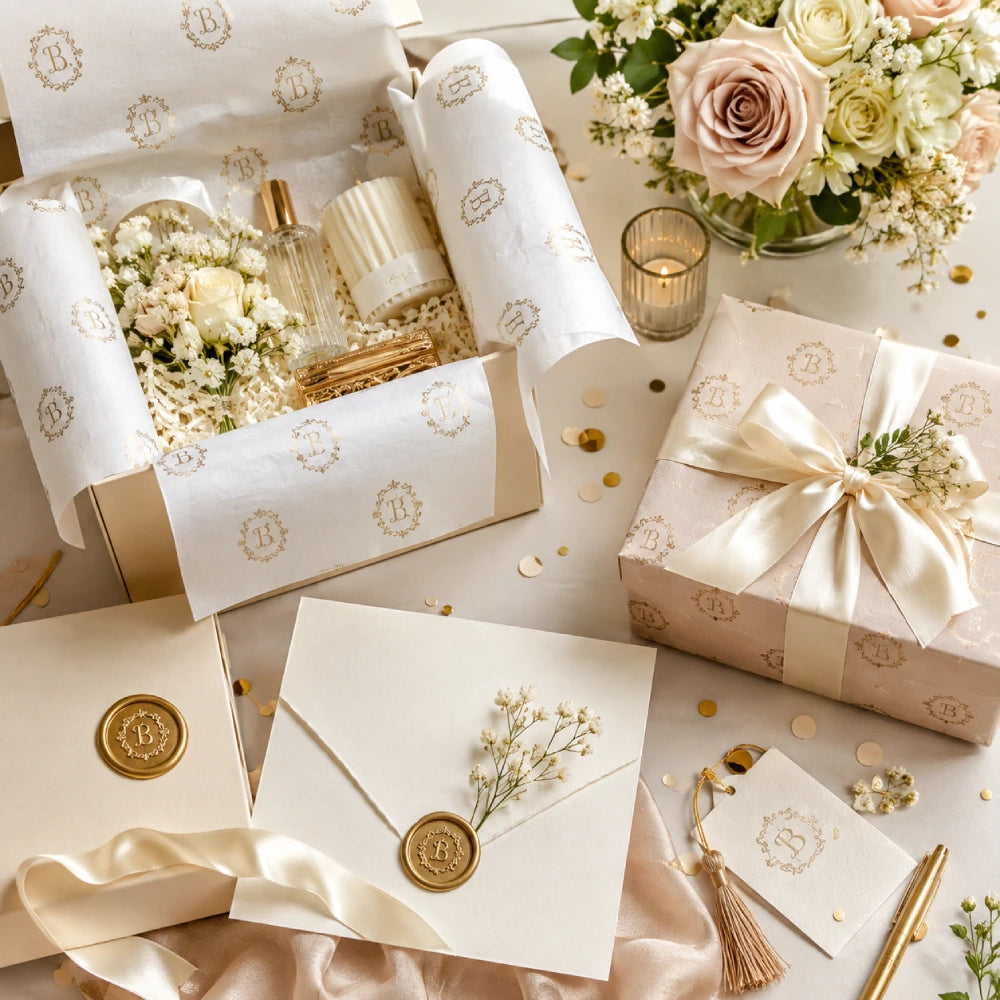 Image of Custom printed tissue paper used to package skincare, cosmetics, rings, earrings, and jewelry in an elegant neutral presentation.