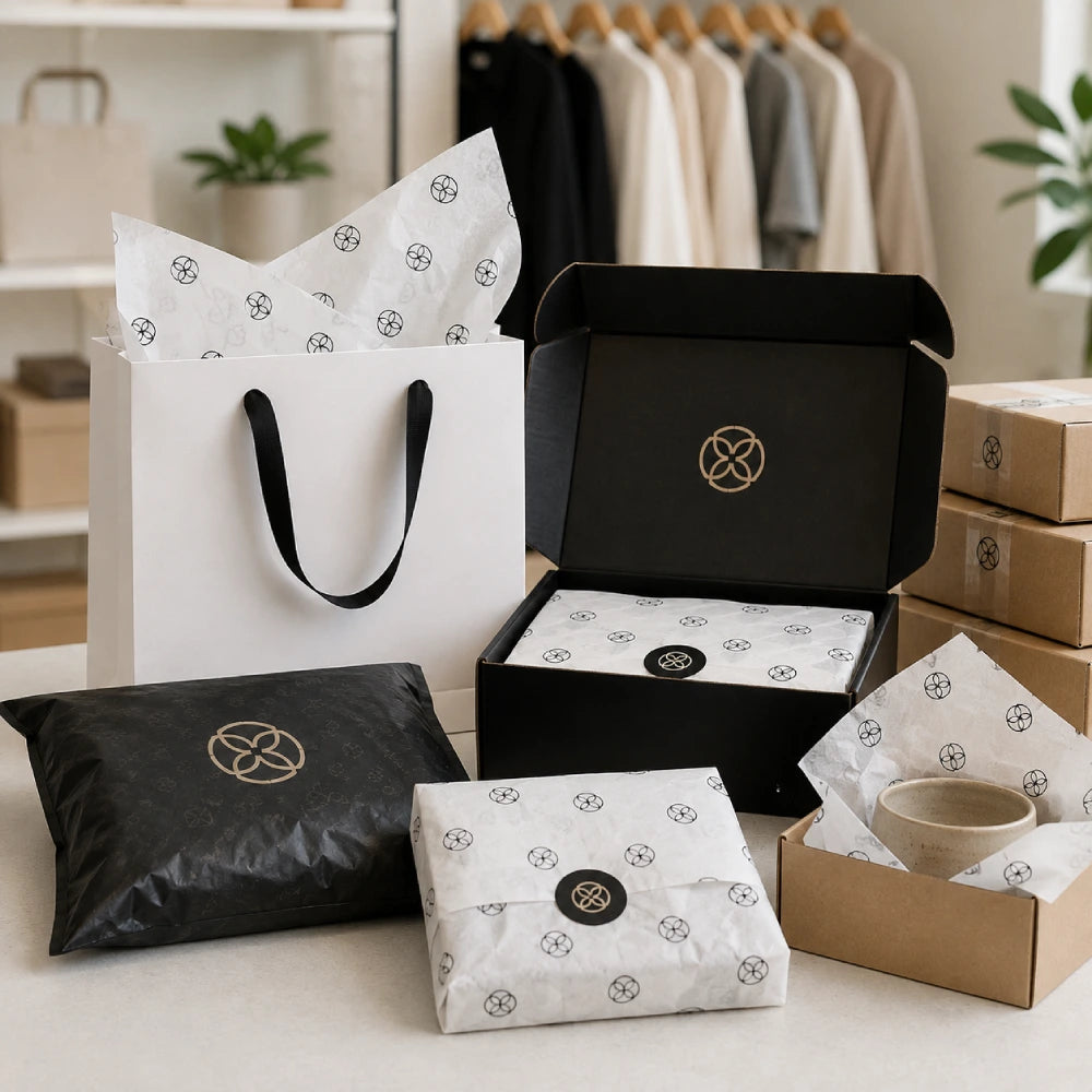 Image of Custom printed tissue paper used to package skincare, cosmetics, rings, earrings, and jewelry in an elegant neutral presentation.