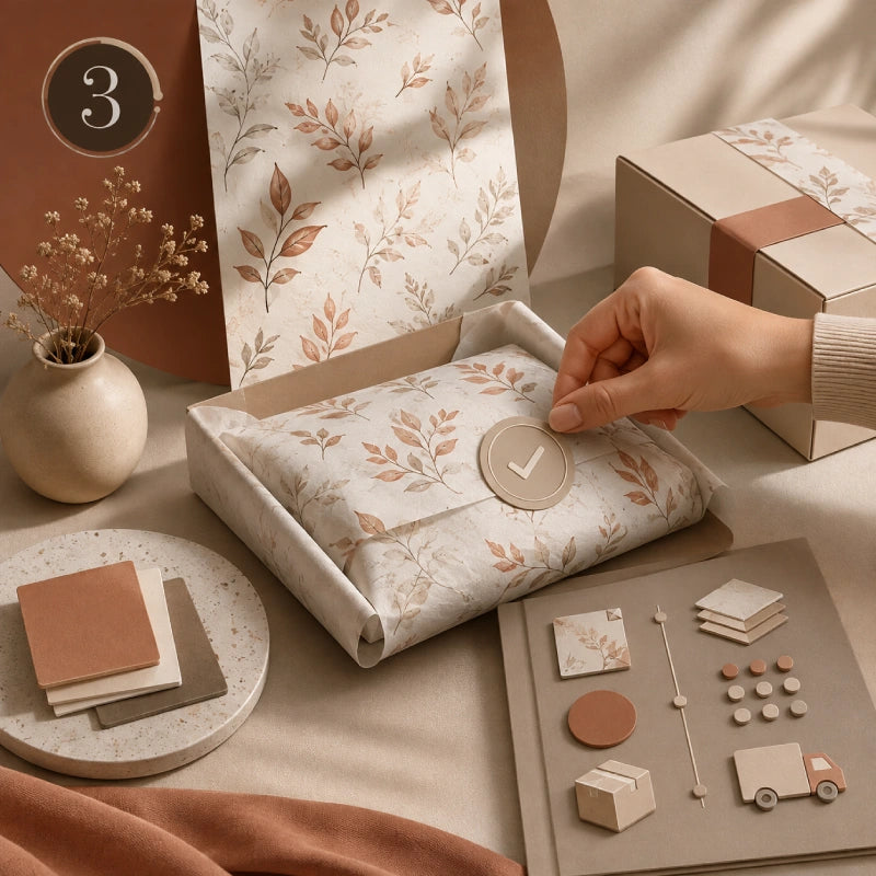 Image of A hand placing an approval seal on branded tissue paper packaging to represent confirming the design before production and delivery.