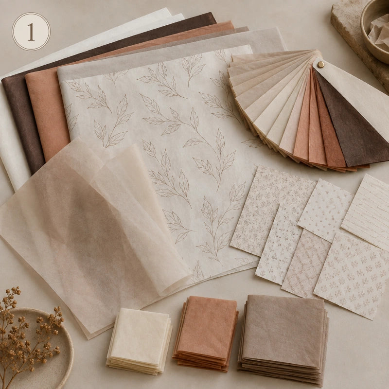 Image of Tissue paper samples in different sizes, colors, and printed patterns arranged to represent choosing the paper, layout, and quantity.