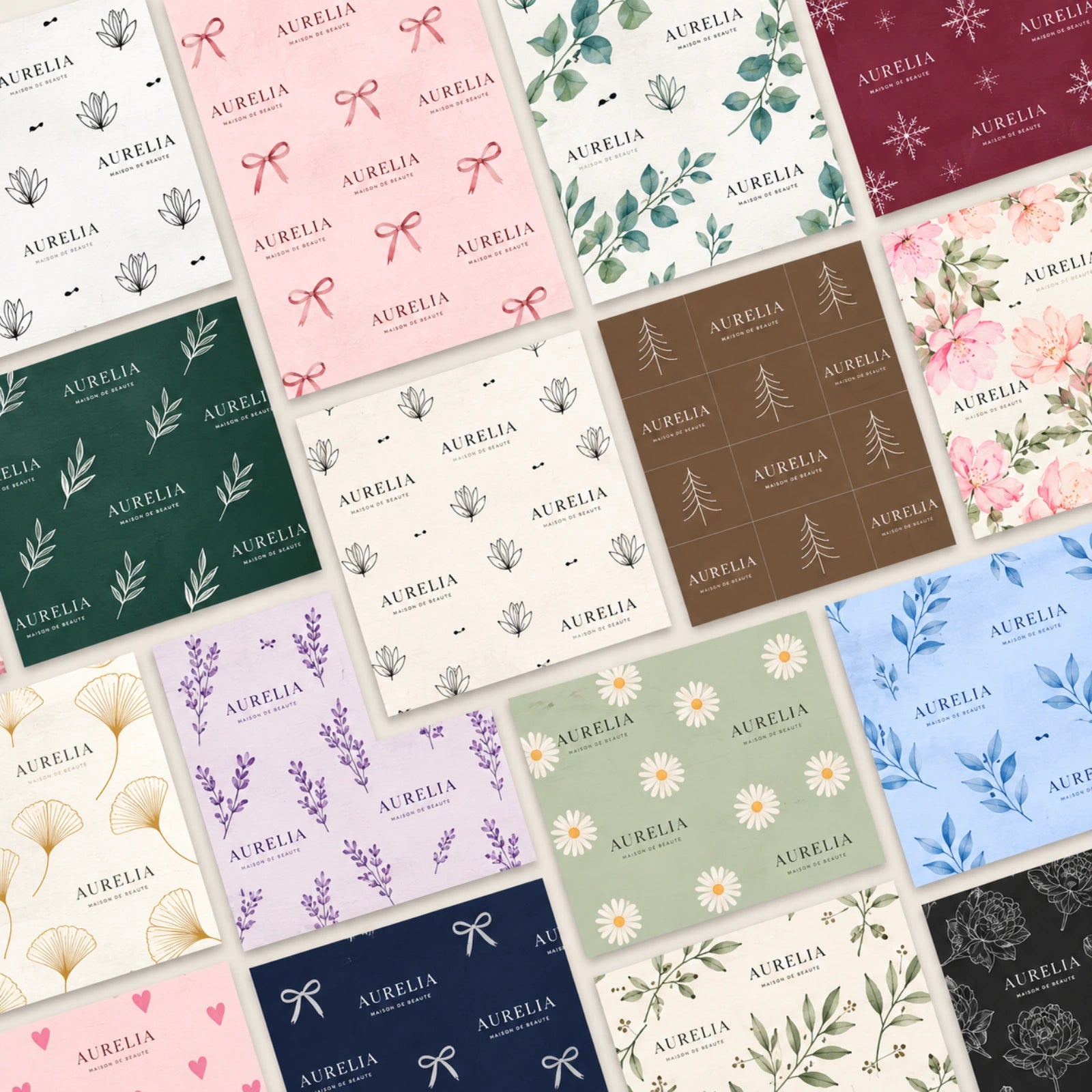 Image of Colorful custom tissue paper design examples featuring repeating logos, floral patterns, botanical motifs, and seasonal artwork in various paper colors.
