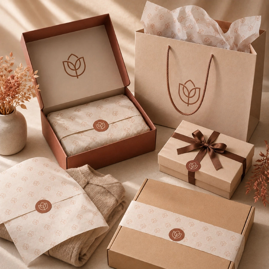 Image of Custom tissue paper used across gift boxes, retail bags, clothing packaging, and ecommerce orders, showing versatile branded packaging applications.