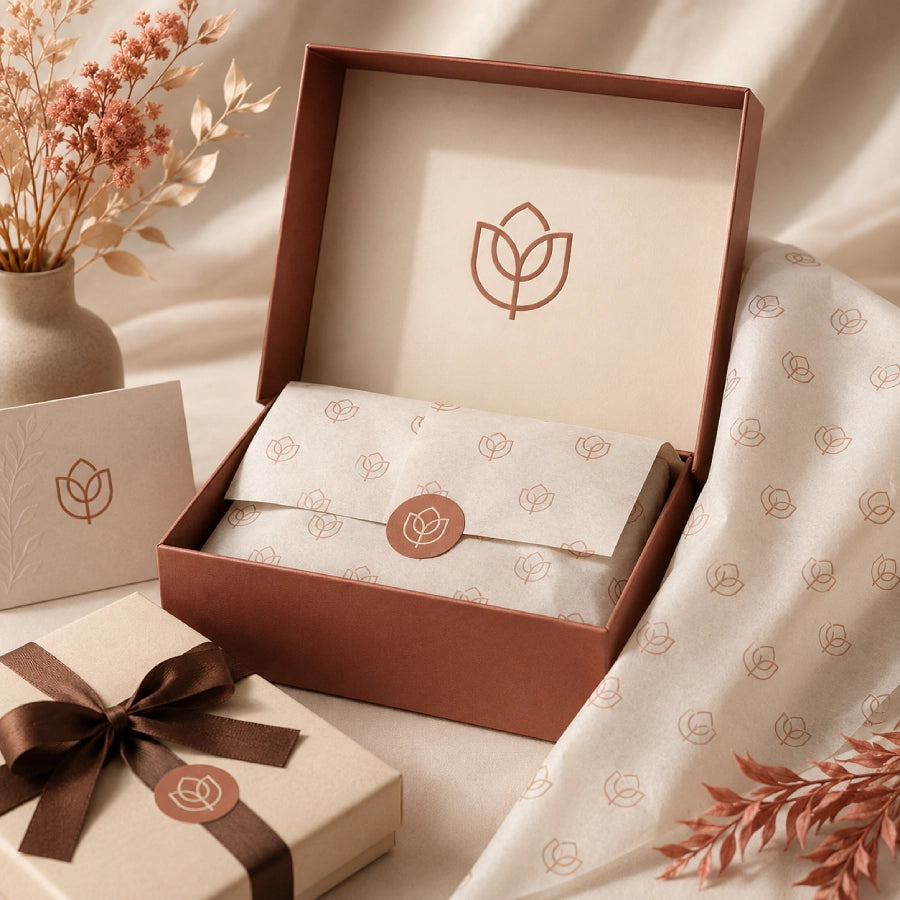 Image of Branded tissue paper with a custom logo inside premium packaging, showing how custom tissue paper creates a consistent and recognizable brand presentation.