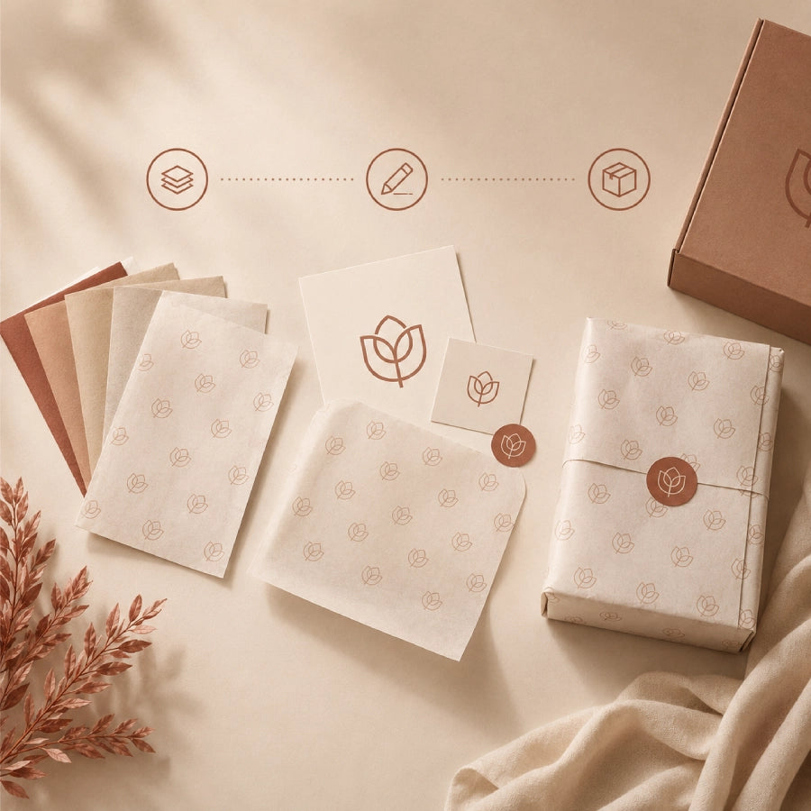 Image of A simple custom tissue paper ordering process showing paper options, logo design, and finished packaging to represent easy product customization and ordering.