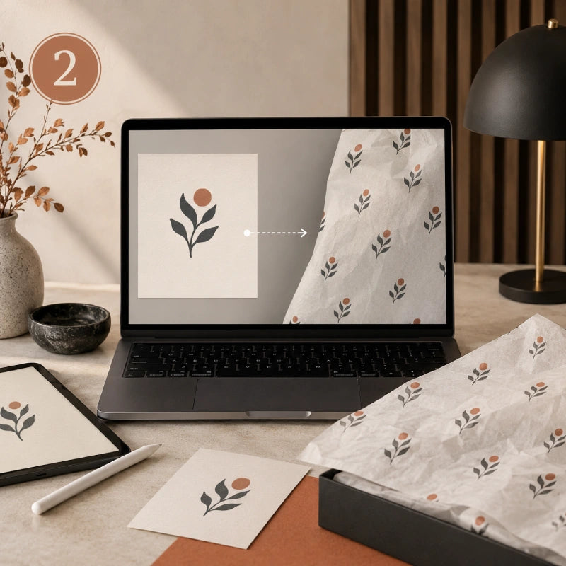 Image of A logo design shown on a laptop and repeated across custom tissue paper to represent uploading artwork and reviewing the print placement.