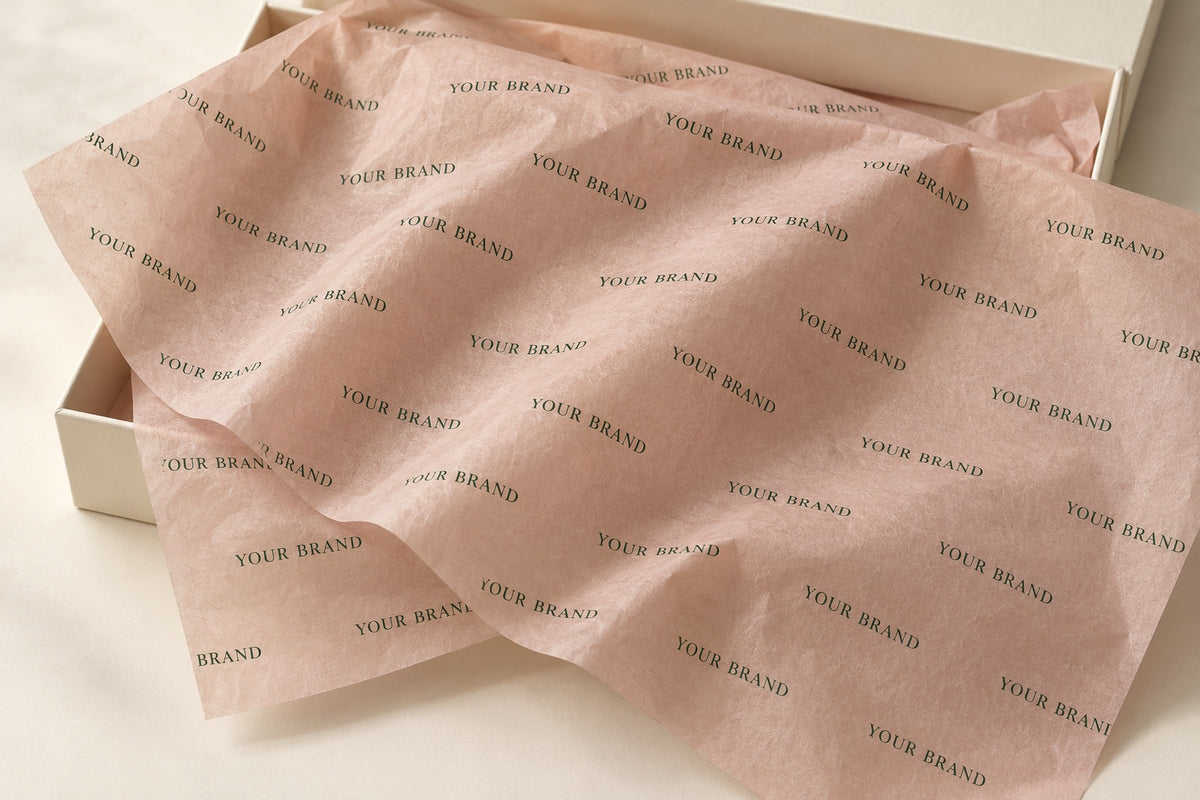 Blush colored custom tissue paper with a repeating single-color green logo
