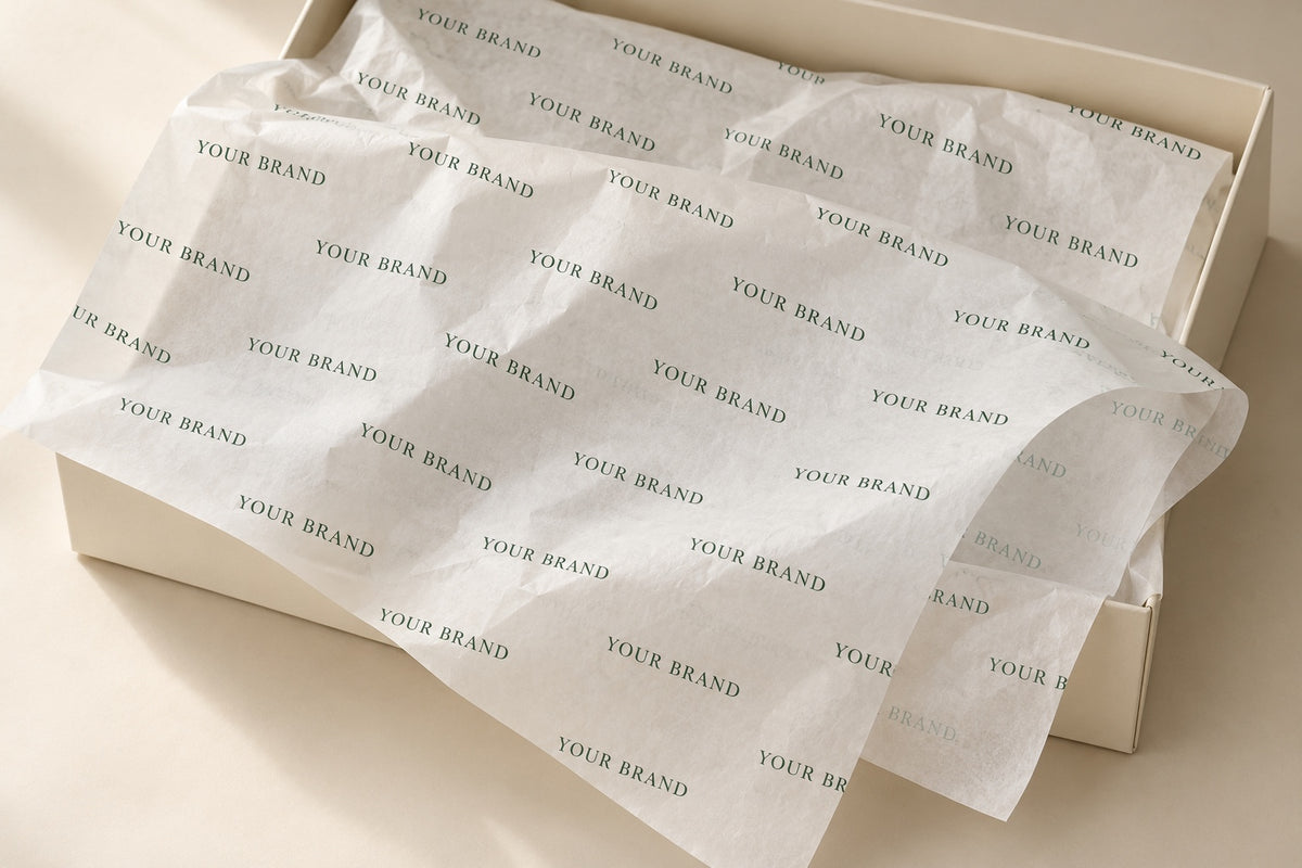 Semi-transparent natural white tissue paper with a repeating single-color green logo