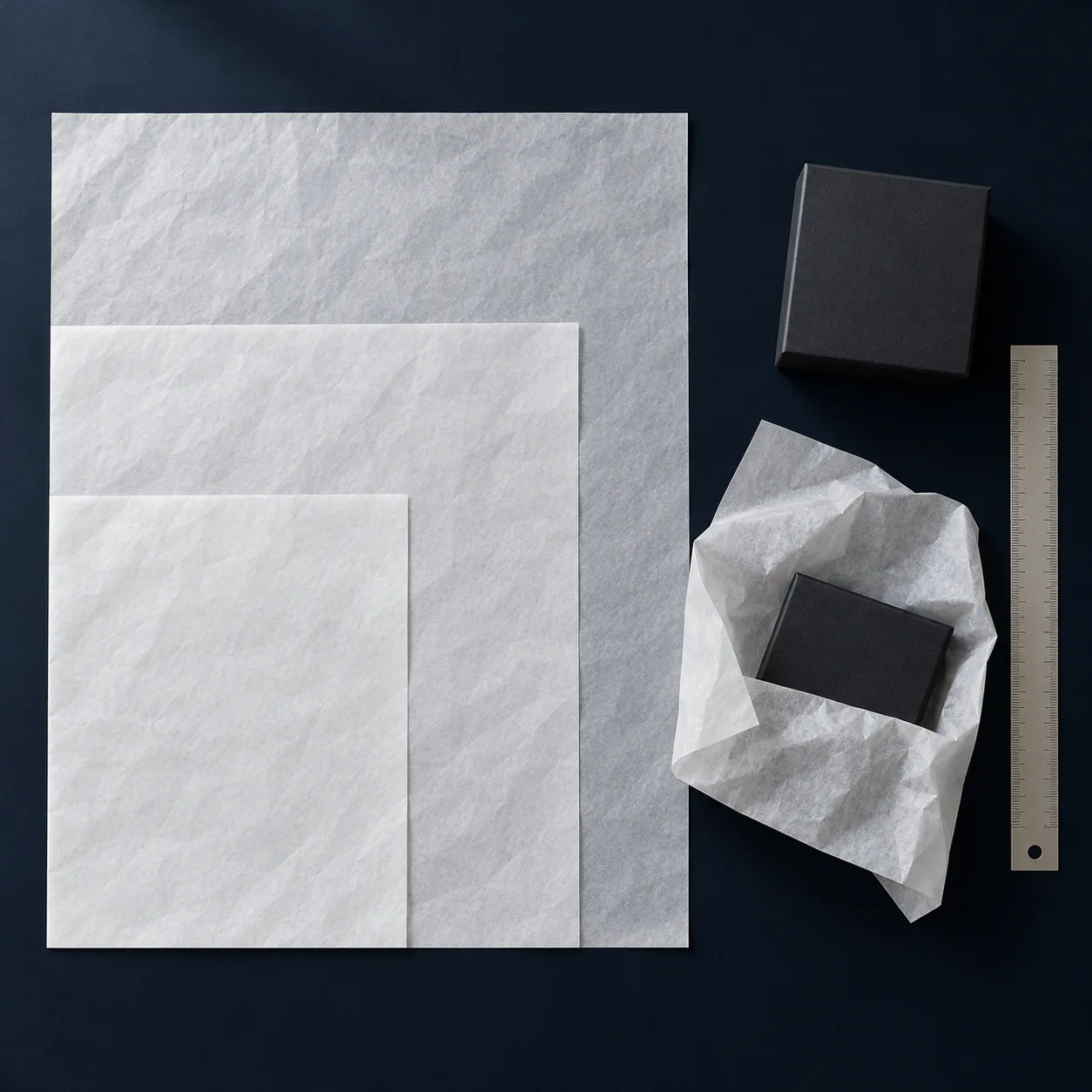 Natural white tissue sheets in three sizes beside charcoal gift boxes and a ruler